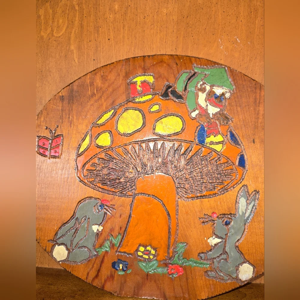 Vintage Hand Made Wooden Plaque with Mushroom and Animals Design - Picture 2 of 10